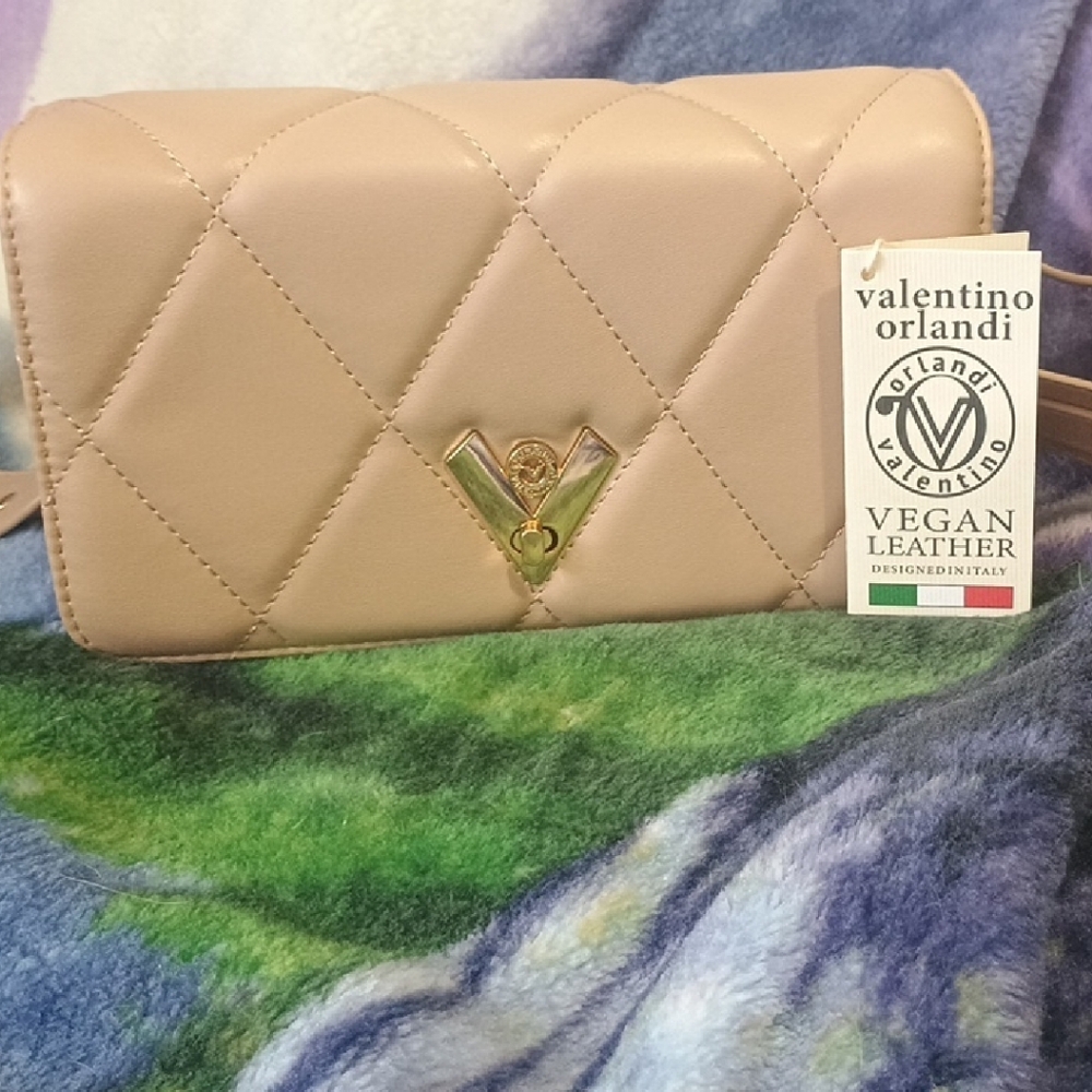 Valentino Orlandi Tan Quilted Crossbody Bag with Logo
